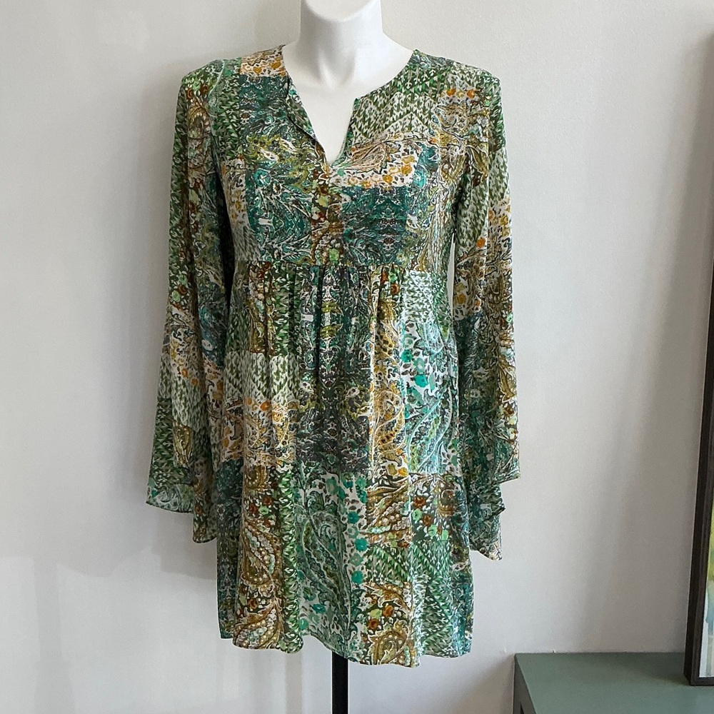 Floreat by Anthropologie Green and Yellow Patterned Mini Dress - 10 (1636)